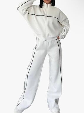 Y2K White Contrast Trim Tracksuit Set | Size Large | Matching Zip-Up & Joggers
